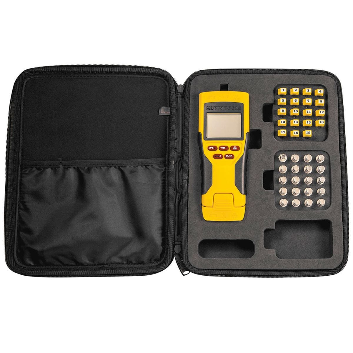 Open carrying case showing the full Klein Tools VDV501-825 Scout Pro 2 LT VDV tester kit, with the central yellow main tester unit and numbered RJ45 and F-connector remotes secure in their foam storage inserts.
