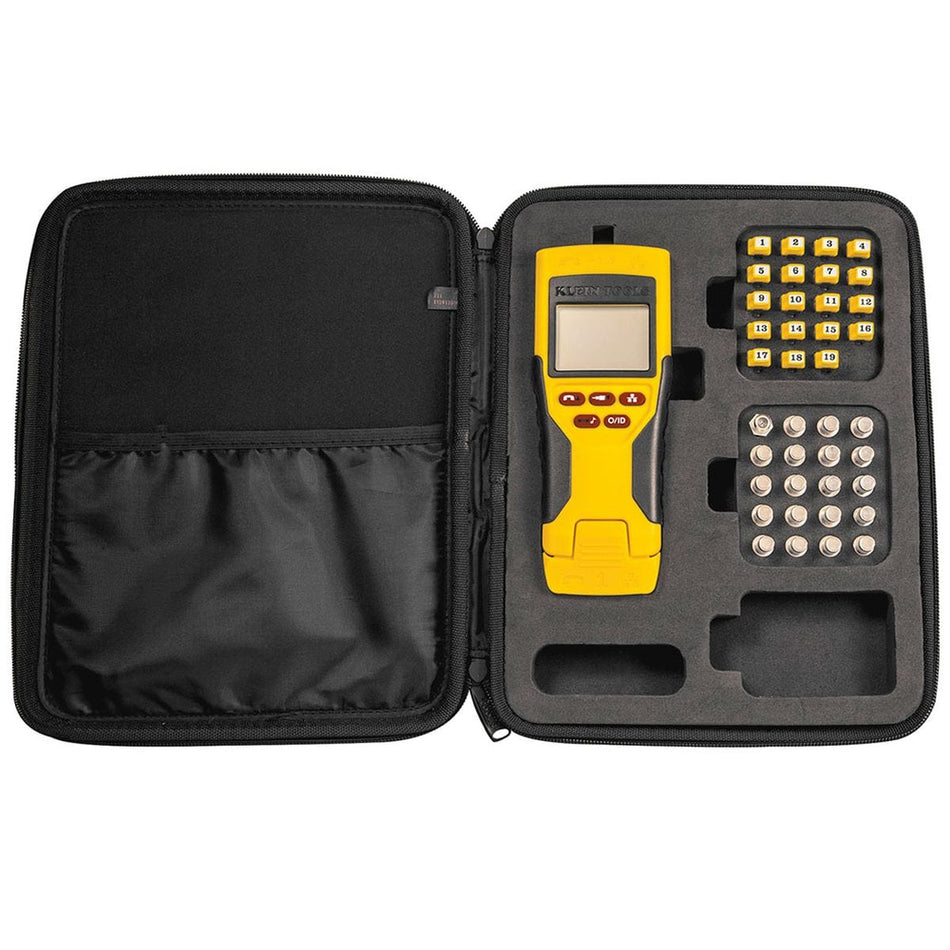 Open carrying case showing the full Klein Tools VDV501-825 Scout Pro 2 LT VDV tester kit, with the central yellow main tester unit and numbered RJ45 and F-connector remotes secure in their foam storage inserts.