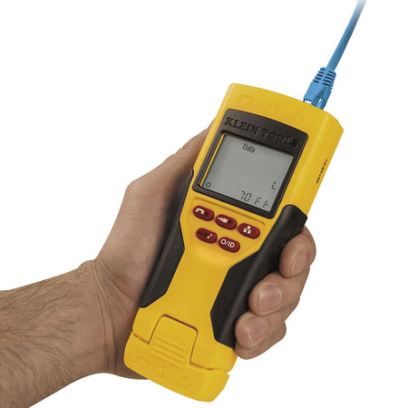 Close-up view of the Klein Tools VDV501-825 Scout Pro 2 LT VDV tester held in hand, with a blue Ethernet cable connected to the top, showing the screen displaying Data and 70 Ft for cable length testing.