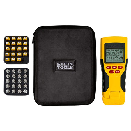 Complete Klein Tools VDV501-825 Scout Pro 2 LT VDV tester kit shown on a white background, including the closed black carrying case, the main tester unit, and two separate storage trays with organized numbered RJ45 and coax connectors.