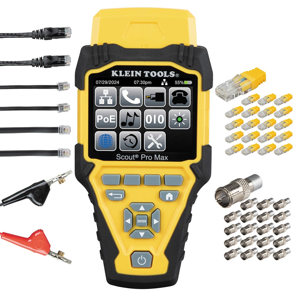 A studio kit view of the Klein Tools VDV501770 Scout Pro Max Network Cable Tester. The professional diagnostic tool is shown with its high-resolution color screen alongside a comprehensive set of 20 RJ45 LanMap and 20 CoaxMap location ID remotes, test cables, and a heavy-duty padded carrying case for organized jobsite cable mapping.