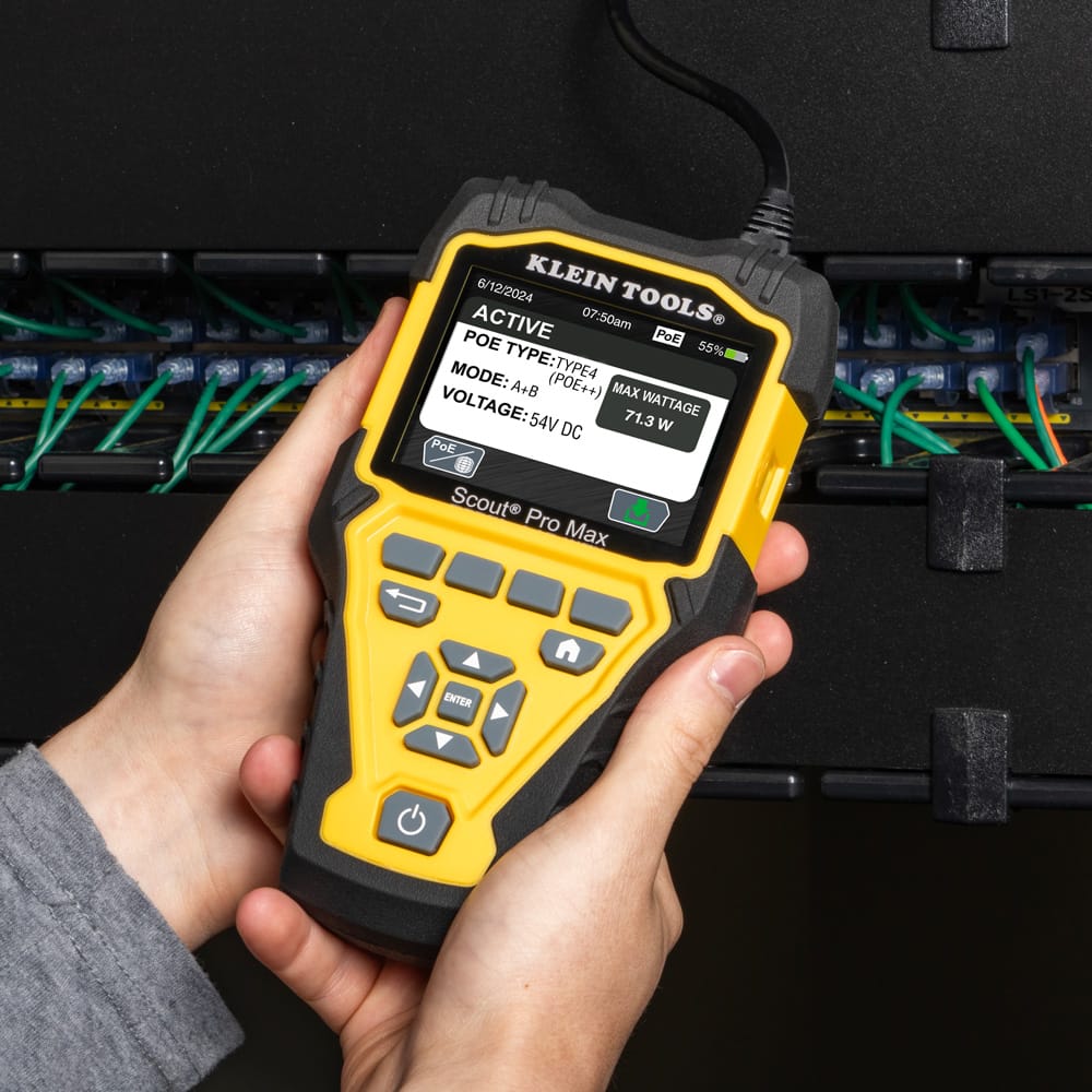 Action shot of the Scout Pro Max tester performing an active Power over Ethernet (PoE) test. The high-resolution screen displays "ACTIVE" status, showing the PoE Type 4 (PoE++), Mode A+B, a voltage of 54V DC, and a maximum wattage of 71.3W, demonstrating the tool's advanced diagnostic power on live network systems.