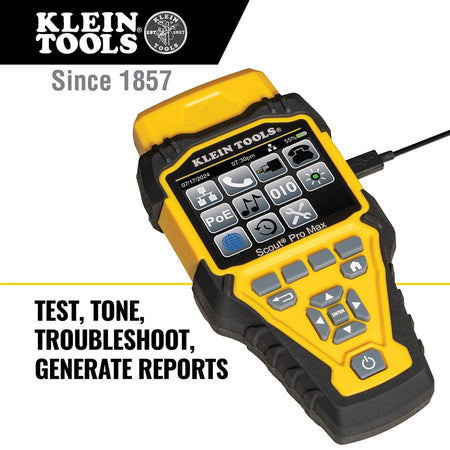 A detailed product shot of the Scout Pro Max tester highlighting its professional reporting capabilities. The color LCD interface displays a modern menu for testing, toning, and troubleshooting, while the caption emphasizes the tool's ability to generate custom test history reports via the integrated USB connection.