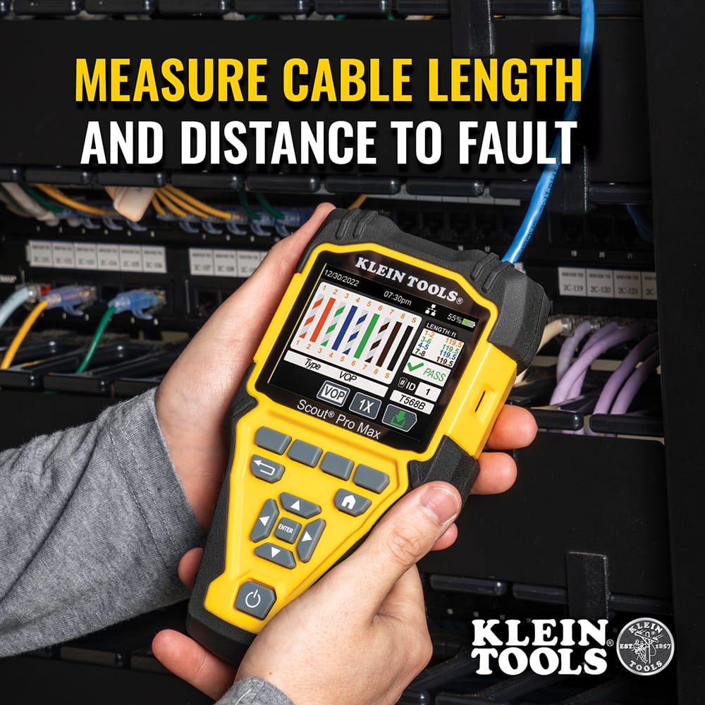 Action shot showing the Scout Pro Max tester in use with a high-definition color screen. The device is being held by a professional and displays a clear wire map result, demonstrating the TDR (Time Domain Reflectometry) technology used to measure cable length and pinpoint distance to faults on network and coaxial lines.