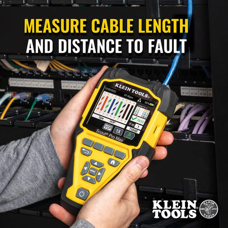 Action shot showing the Scout Pro Max tester in use with a high-definition color screen. The device is being held by a professional and displays a clear wire map result, demonstrating the TDR (Time Domain Reflectometry) technology used to measure cable length and pinpoint distance to faults on network and coaxial lines.