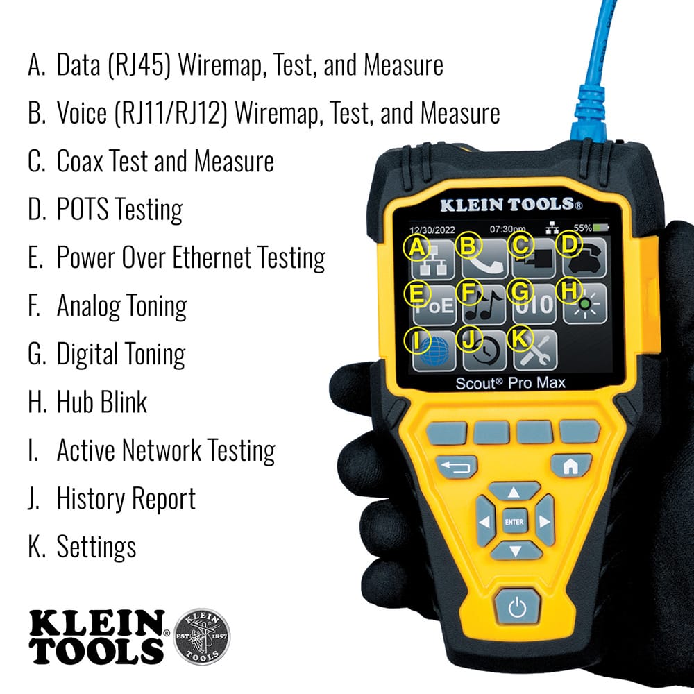 A technical infographic overlay on the Scout Pro Max tester interface. The graphic labels eleven key diagnostic functions from A to K, including RJ45 and RJ11/12 wiremapping, Coax testing, POTS testing, Power over Ethernet (PoE) detection, hub blink, and active network testing capabilities.