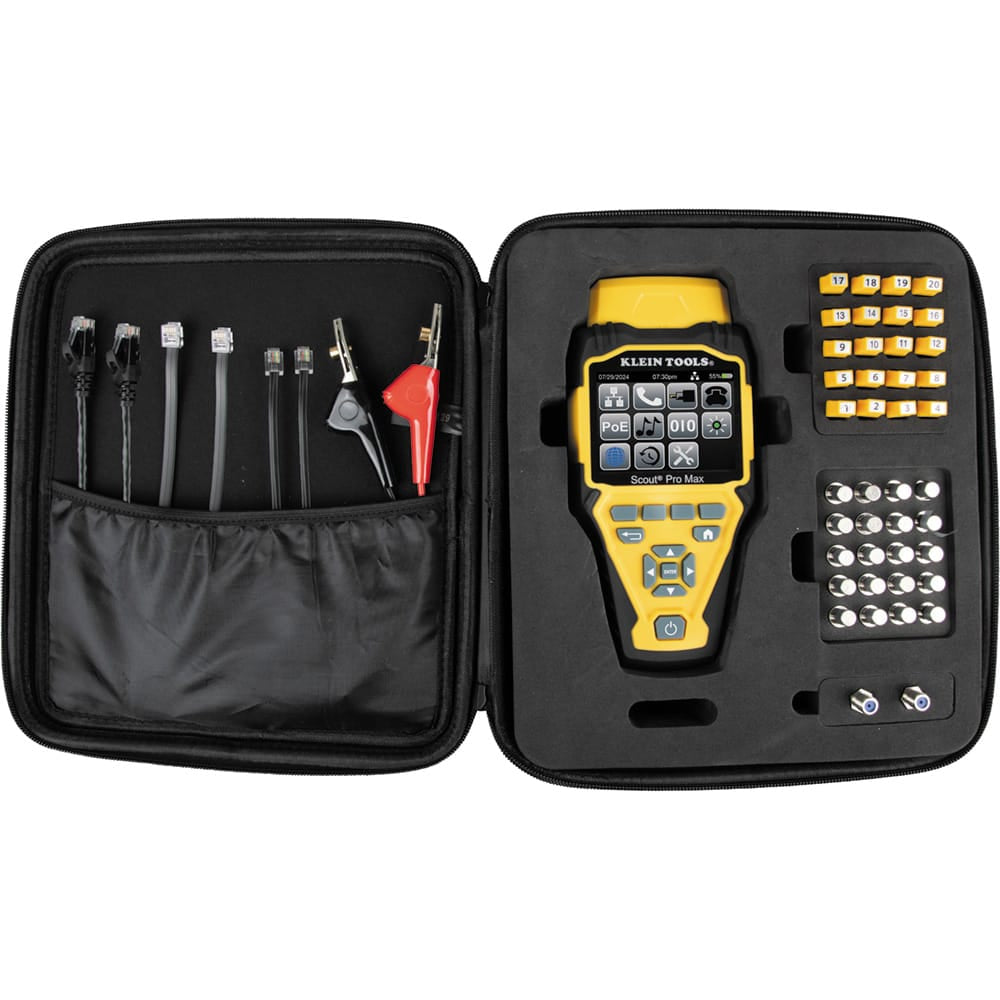 Internal view of the professional black carrying case included with the VDV501770 kit. The high-density foam insert neatly organizes the Scout Pro Max tester, the 20 yellow RJ45 LanMap remotes, the 20 silver CoaxMap remotes, and the various CAT6 and RJ12 jumper cables for secure jobsite transport.