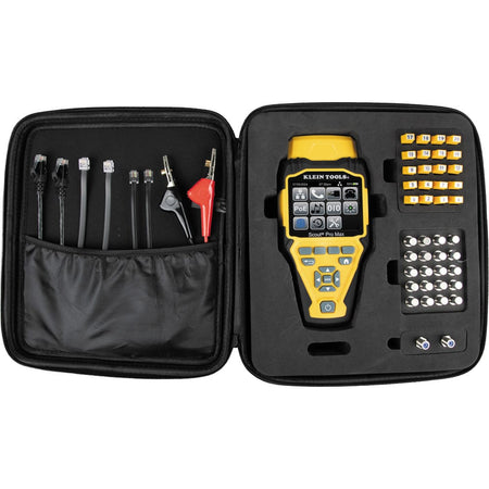 Internal view of the professional black carrying case included with the VDV501770 kit. The high-density foam insert neatly organizes the Scout Pro Max tester, the 20 yellow RJ45 LanMap remotes, the 20 silver CoaxMap remotes, and the various CAT6 and RJ12 jumper cables for secure jobsite transport.