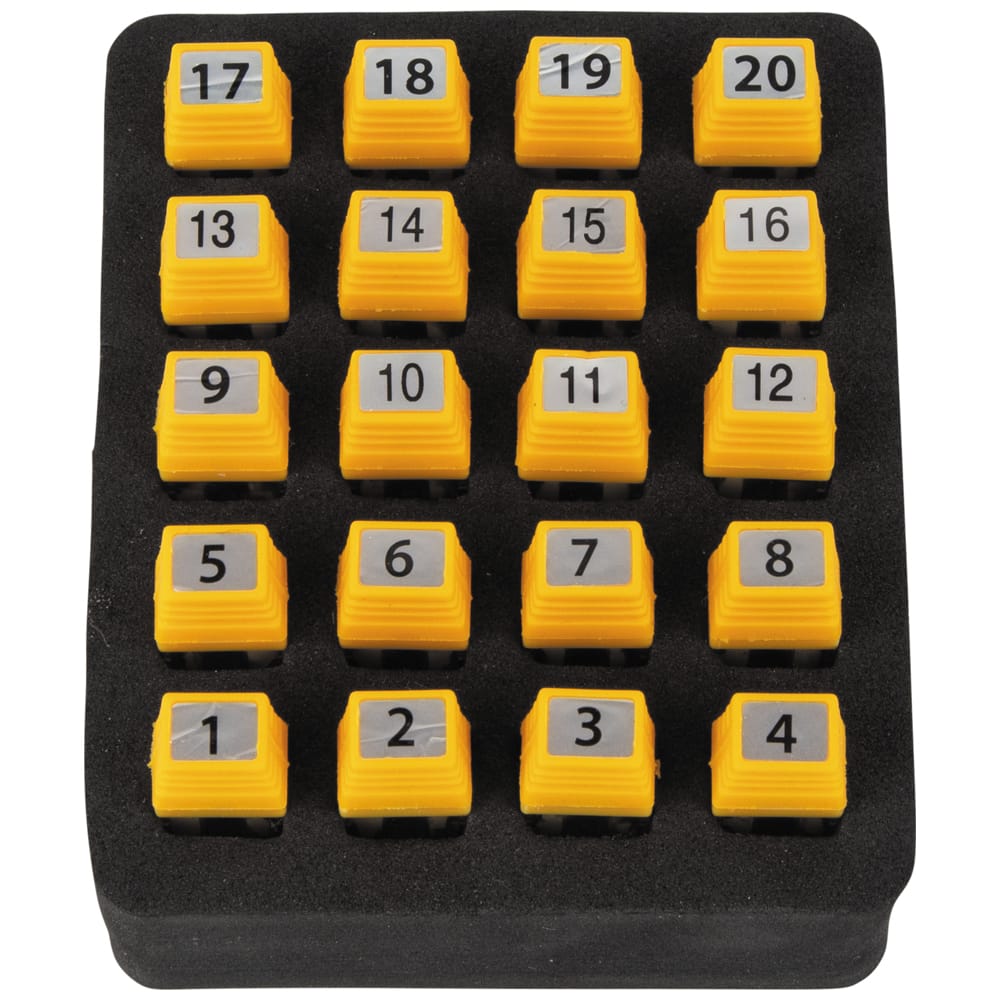 Overhead view of the 20-piece RJ45 LanMap location ID remote set. Each yellow remote is clearly numbered 1 through 20 and fits into an organized foam tray, allowing technicians to identify and map up to 20 unique network locations simultaneously to save time during large-scale installations.