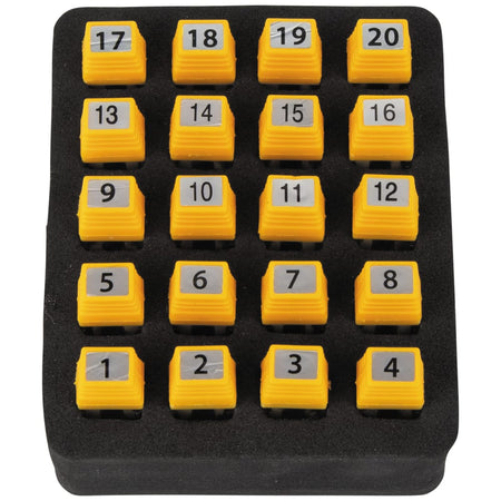 Overhead view of the 20-piece RJ45 LanMap location ID remote set. Each yellow remote is clearly numbered 1 through 20 and fits into an organized foam tray, allowing technicians to identify and map up to 20 unique network locations simultaneously to save time during large-scale installations.