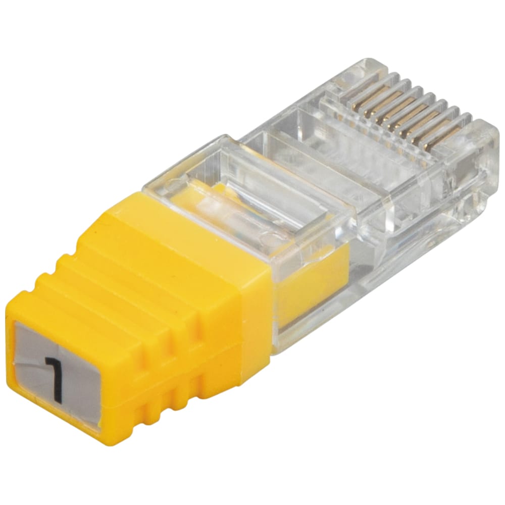 A detailed close-up of a single RJ45 LanMap location ID remote. The image highlights the professional build quality of the CAT6-compatible remote, featuring a clear number "1" on the yellow housing for easy identification of specific cable runs during network mapping.