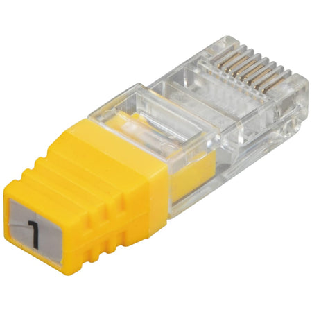 A detailed close-up of a single RJ45 LanMap location ID remote. The image highlights the professional build quality of the CAT6-compatible remote, featuring a clear number "1" on the yellow housing for easy identification of specific cable runs during network mapping.