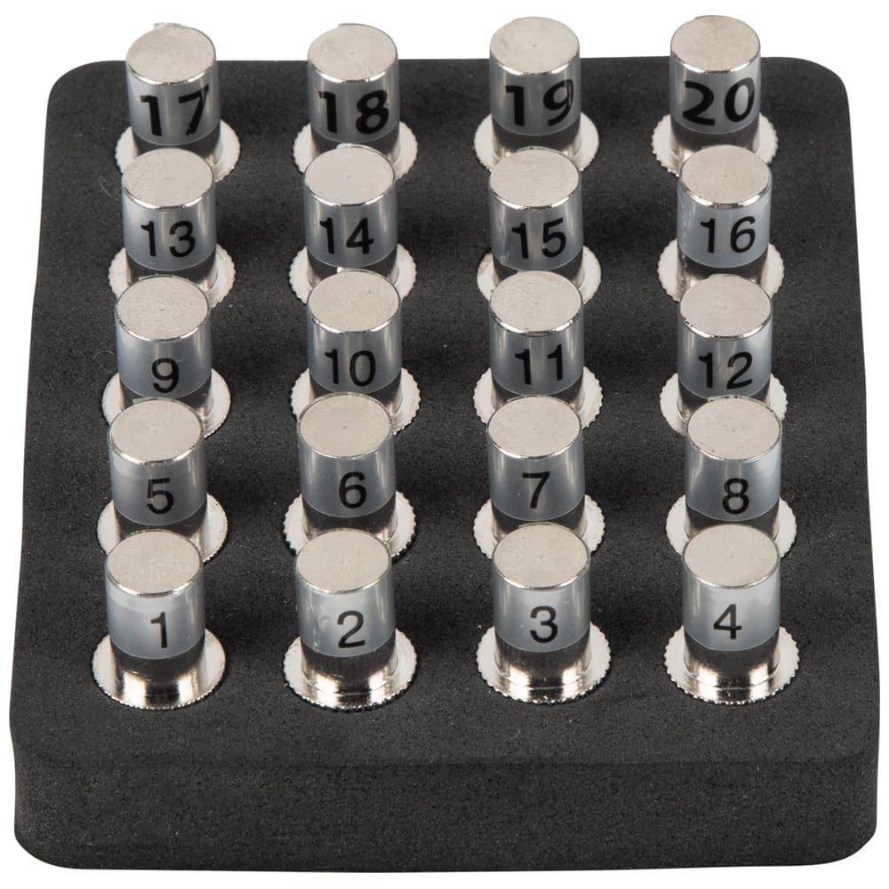 Overhead view of the 20-piece F-connector CoaxMap location ID remote set. These silver-colored remotes are numbered 1 through 20 and stored in a specialized foam holder, designed for professionals to map multiple coaxial video and data runs across residential or commercial buildings.