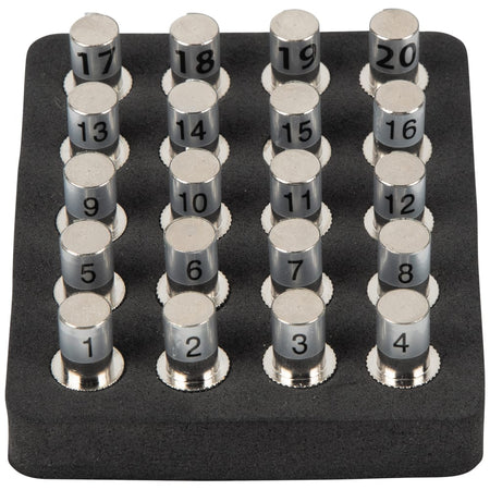 Overhead view of the 20-piece F-connector CoaxMap location ID remote set. These silver-colored remotes are numbered 1 through 20 and stored in a specialized foam holder, designed for professionals to map multiple coaxial video and data runs across residential or commercial buildings.