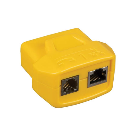 A front-perspective view of the yellow Test + Map remote, displaying the side-by-side RJ11 voice port and RJ45 data port used for identifying and testing different cable types.