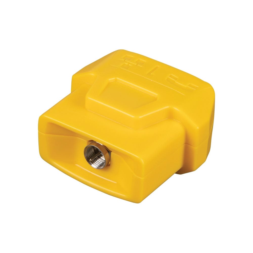 An angled perspective of the yellow Test + Map remote unit, highlighting the circular recessed opening for the coaxial F-connector port used in video cable mapping.