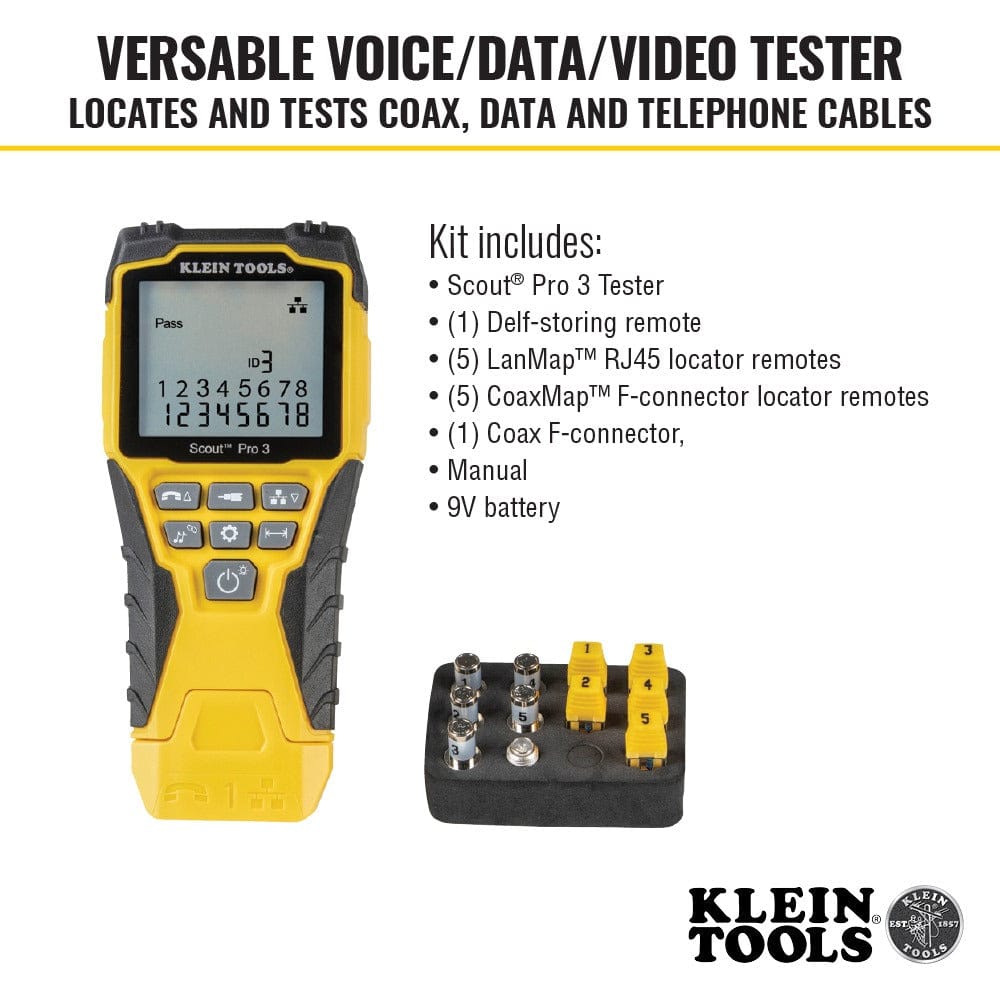 A comprehensive view of the VDV501851 kit components including the tester, self-storing remote, five LanMap remotes, five CoaxMap remotes, a coax F-connector, user manual, and a 9V battery.