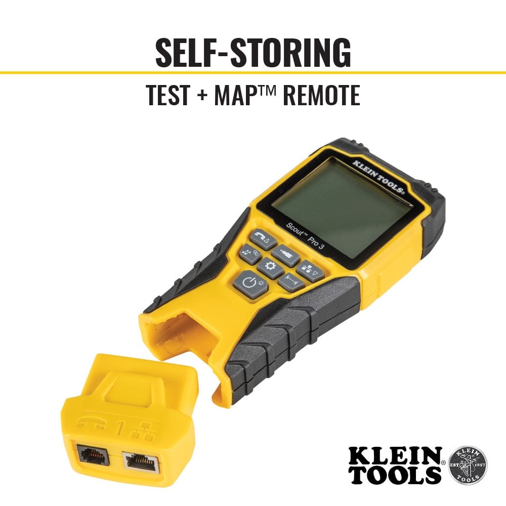 An angled shot of the yellow and black Scout Pro 3 tester with the self-storing Test + Map remote partially detached from the bottom of the main unit.
