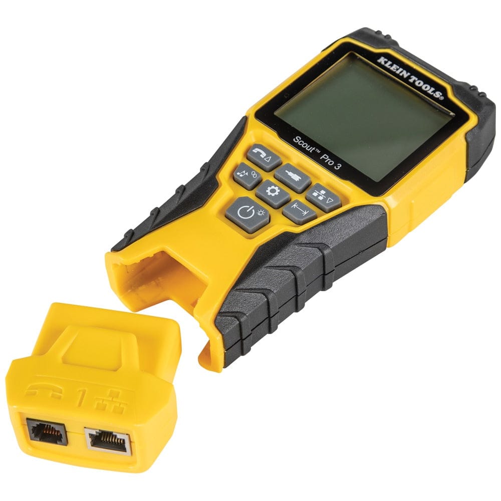 Product shot of the cable tester with the self-storing Test + Map remote completely removed, showing the integrated RJ11 and RJ45 ports on the remote.