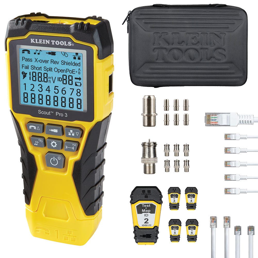 A comprehensive product kit view of the Klein Tools Scout Pro 3 cable tester. The image displays the yellow and black digital tester alongside a rugged carrying case, five Test + Map ID remotes, assorted coaxial barrel adapters, and several RJ45 and RJ11 jumper cables for professional network validation.