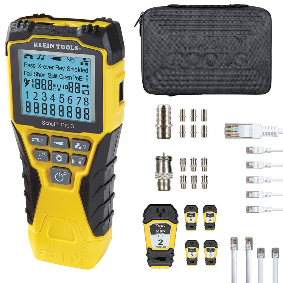 A comprehensive product kit view of the Klein Tools Scout Pro 3 cable tester. The image displays the yellow and black digital tester alongside a rugged carrying case, five Test + Map ID remotes, assorted coaxial barrel adapters, and several RJ45 and RJ11 jumper cables for professional network validation.
