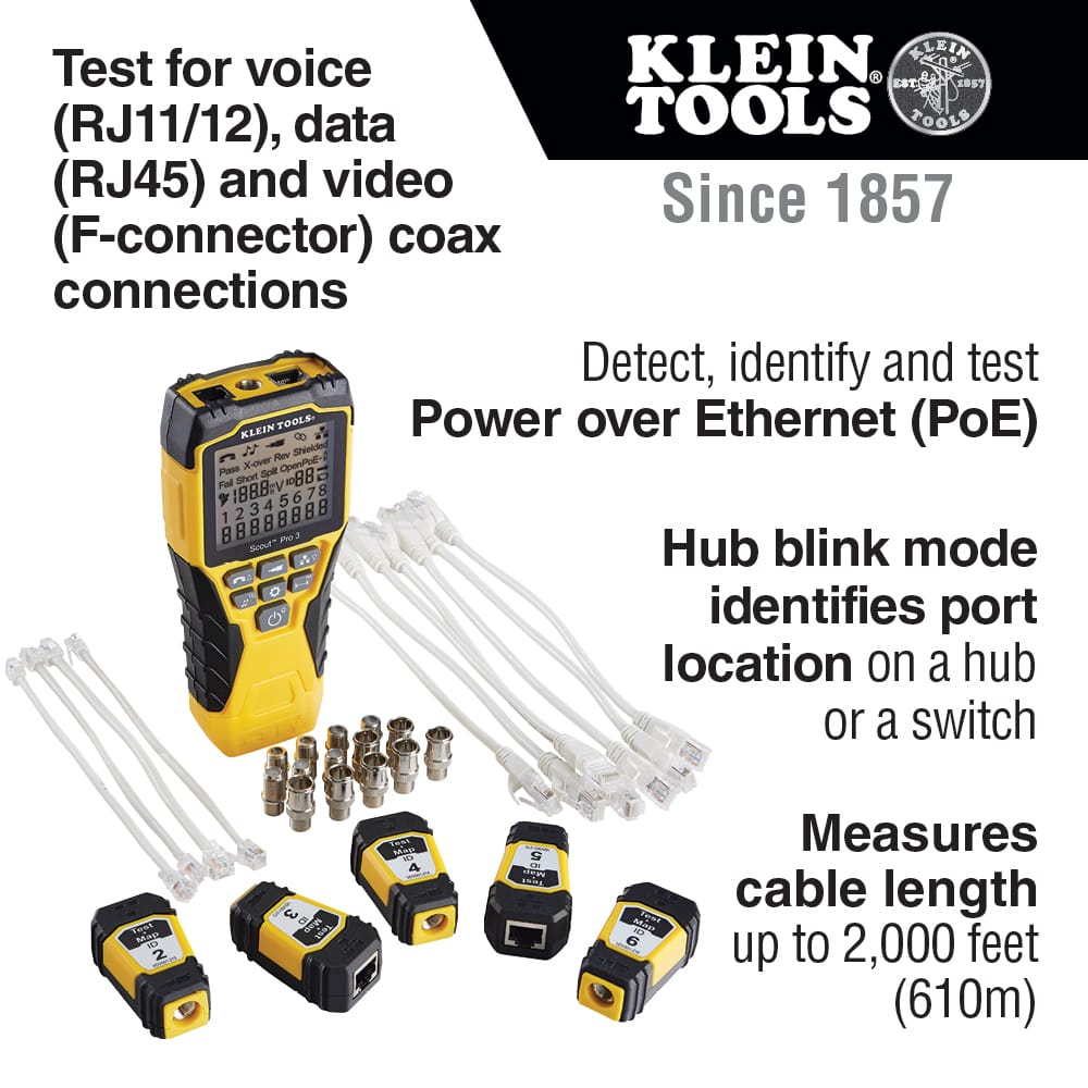 Product feature infographic for the Scout Pro 3 tester highlighting its ability to test voice, data, and video connections. Callouts emphasize Power over Ethernet (PoE) detection, a Hub Blink mode for port identification, and TDR technology to measure cable length up to 2,000 feet.