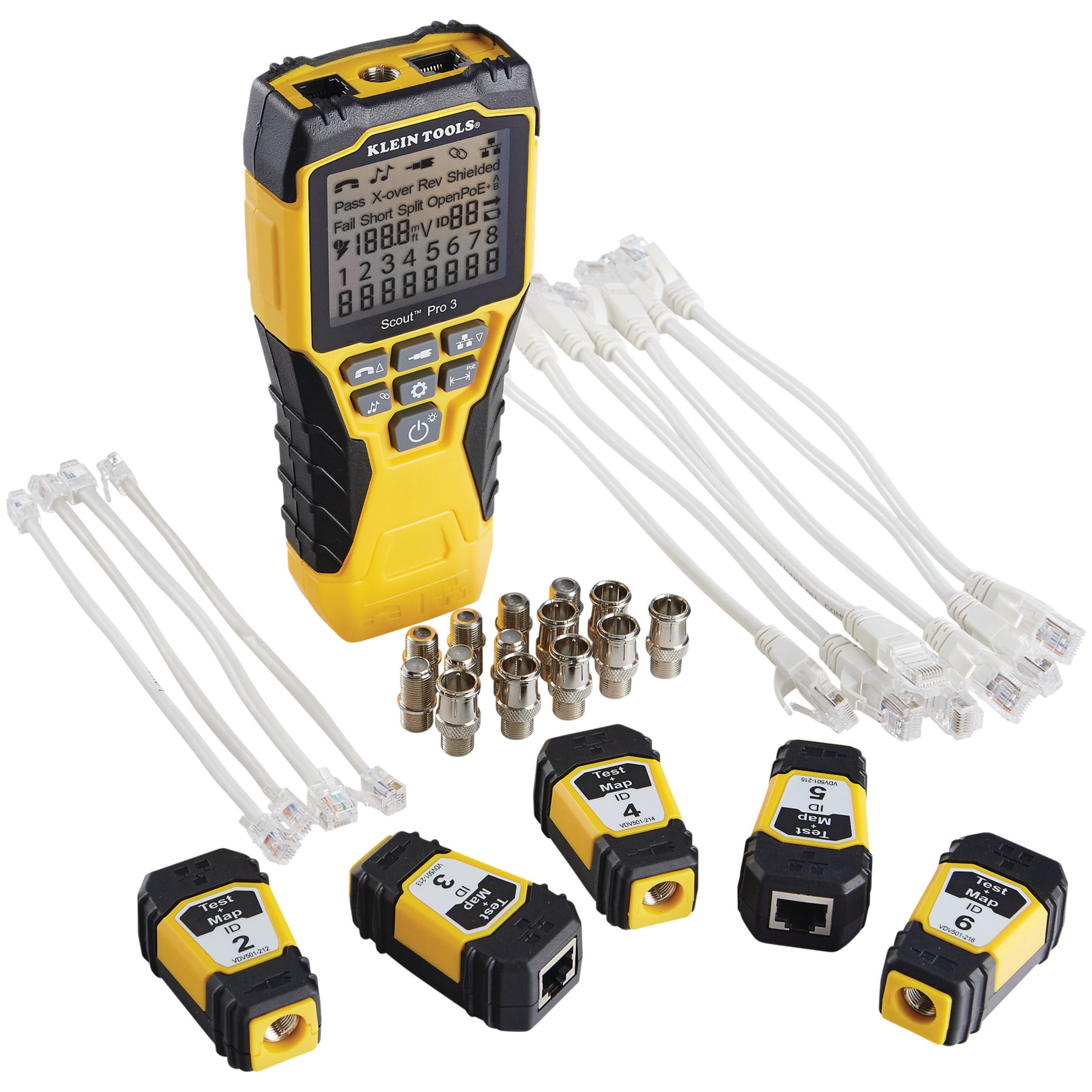 A detailed layout of the VDV501853 kit components including the Scout Pro 3 main unit, six numbered Test + Map remotes, and a variety of F-connector coax and Ethernet adapters. This 18-piece set is designed for high-efficiency multi-port mapping and troubleshooting.