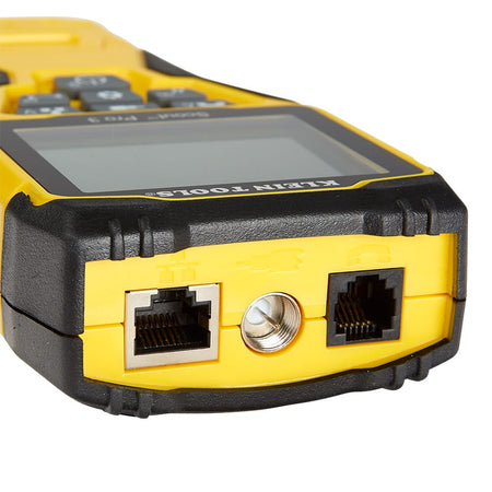 Close-up view of the top interface of the Scout Pro 3 cable tester. The image shows the integrated RJ45 data port, F-connector coaxial port, and RJ11/12 voice port, demonstrating the tool's versatility in testing various communication cable types.