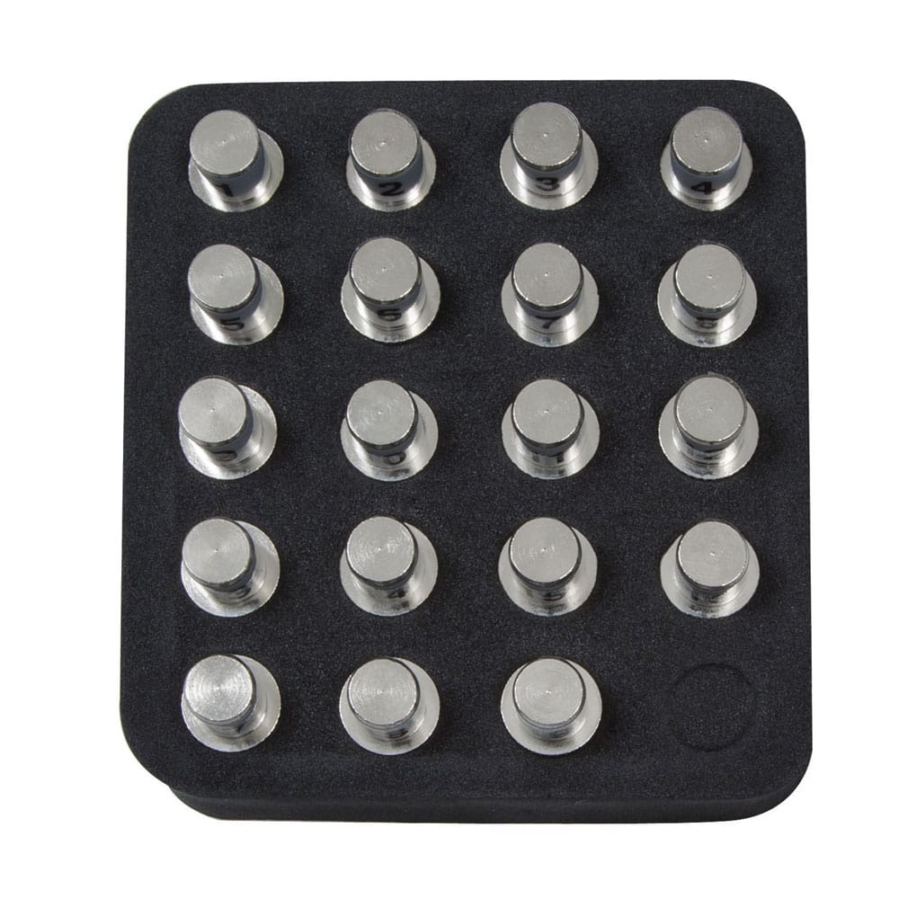 A studio product view of the Klein Tools VDV512056 CoaxMap Kit. The set features 19 silver-colored F-connector remote identifiers neatly organized in a professional black storage holder, designed for mapping coaxial cable infrastructure with Scout Pro and Commander series testers.