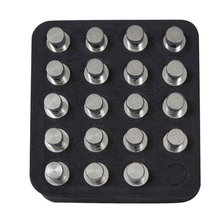 A studio product view of the Klein Tools VDV512056 CoaxMap Kit. The set features 19 silver-colored F-connector remote identifiers neatly organized in a professional black storage holder, designed for mapping coaxial cable infrastructure with Scout Pro and Commander series testers.