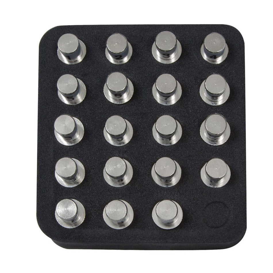 A studio product view of the Klein Tools VDV512056 CoaxMap Kit. The set features 19 silver-colored F-connector remote identifiers neatly organized in a professional black storage holder, designed for mapping coaxial cable infrastructure with Scout Pro and Commander series testers.
