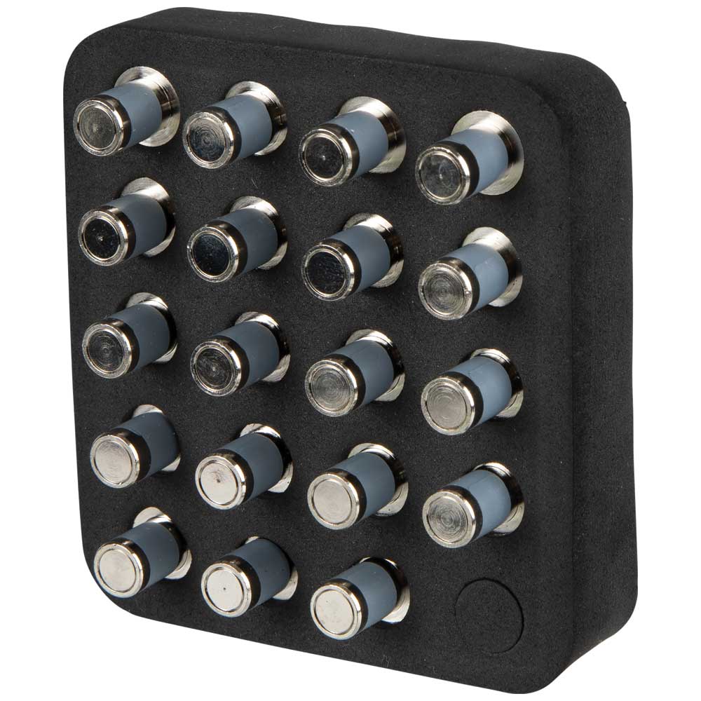 Close-up perspective of the VDV512056 CoaxMap remotes in their specialized storage tray. The image showcases the clear numerical labeling from 1 to 19 and the rugged, heavy-duty design of the F-connector adapters, essential for repeated professional use on jobsites.