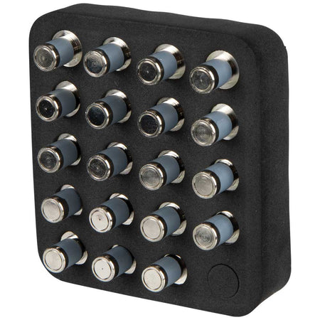Close-up perspective of the VDV512056 CoaxMap remotes in their specialized storage tray. The image showcases the clear numerical labeling from 1 to 19 and the rugged, heavy-duty design of the F-connector adapters, essential for repeated professional use on jobsites.