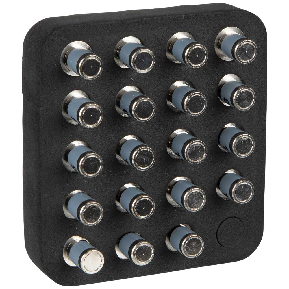Top-down view of the Klein Tools CoaxMap Kit holder. This image illustrates the compact and organized layout of the 19 remote identifiers, demonstrating how the kit helps technicians manage complex coaxial installations and troubleshoot cable runs efficiently.