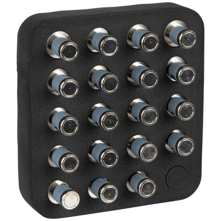 Top-down view of the Klein Tools CoaxMap Kit holder. This image illustrates the compact and organized layout of the 19 remote identifiers, demonstrating how the kit helps technicians manage complex coaxial installations and troubleshoot cable runs efficiently.
