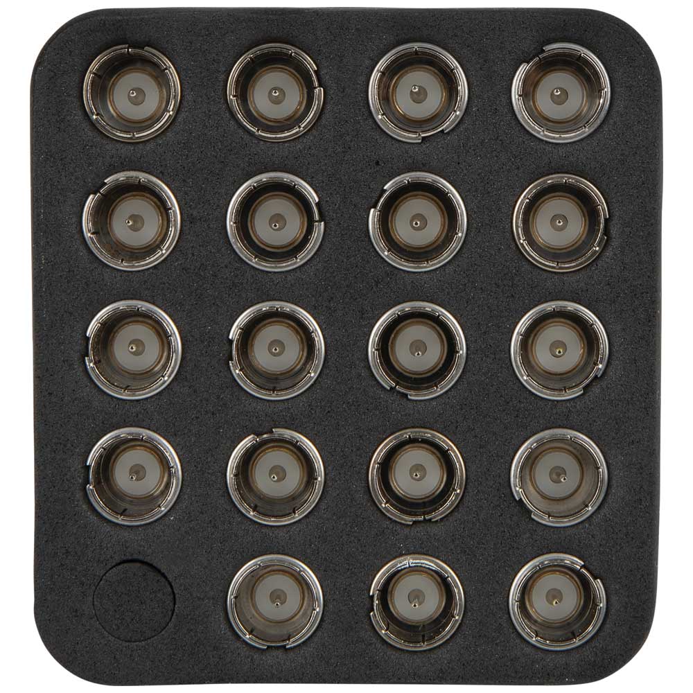 Top-down view of the Klein Tools CoaxMap Kit holder. This image illustrates the compact and organized layout of the 19 remote identifiers, demonstrating how the kit helps technicians manage complex coaxial installations and troubleshoot cable runs efficiently.
