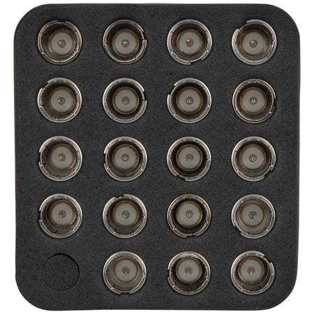 Top-down view of the Klein Tools CoaxMap Kit holder. This image illustrates the compact and organized layout of the 19 remote identifiers, demonstrating how the kit helps technicians manage complex coaxial installations and troubleshoot cable runs efficiently.