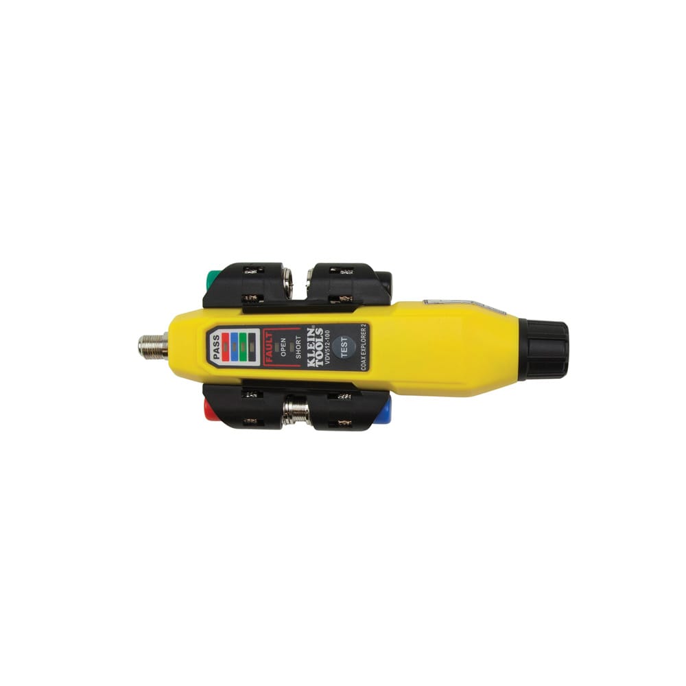 A studio top-down view of the Klein Tools VDV512101 Coax Explorer 2 cable tester. The compact yellow device is shown with its black remote holder attached, carrying four color-coded push-on remotes and a threaded F-connector interface for coaxial continuity testing.