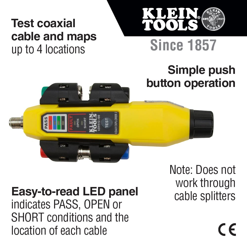 Product feature infographic for the Coax Explorer 2 highlighting simple push-button operation and its ability to map up to 4 locations. The graphic features an easy-to-read LED panel that indicates PASS, OPEN, or SHORT conditions for RG59, RG6, RG7, and RG11 coaxial cables.
