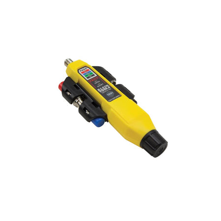 A perspective view of the VDV512101 coaxial tester. The image showcases the sleek, portable design and the intuitive LED interface used by technicians to quickly verify the status and location of F-connector terminated cables in residential or commercial settings.