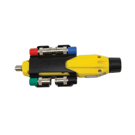 A bottom-side view of the Coax Explorer 2 cable tester. This angle highlights the integrated pocket clip and the secure mounting of the snap-on remote holder, which keeps the mapping remotes and adapters physically attached to the tool for easy access.