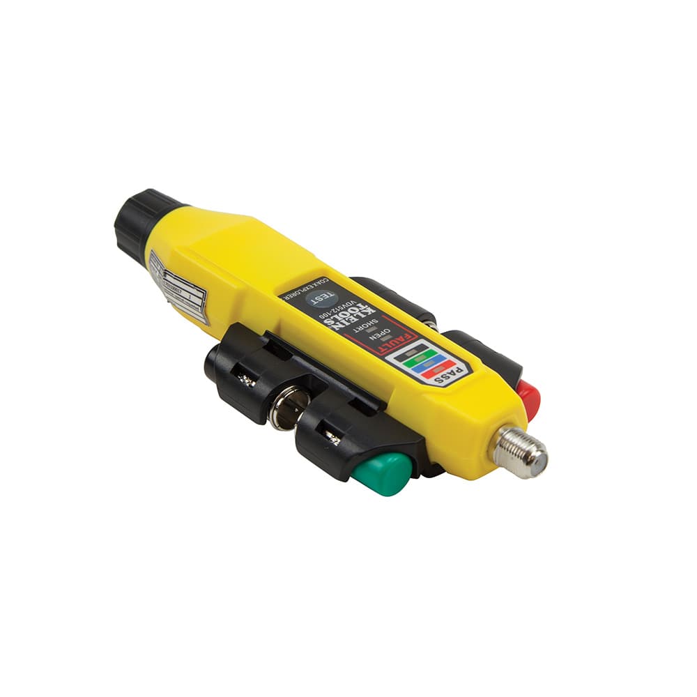 Internal components of the VDV512101 kit featuring the main continuity tester and its removable remote storage clip. The yellow housing is contrasted by the professional black holder, designed to prevent the loss of small mapping adapters during active jobsite troubleshooting.