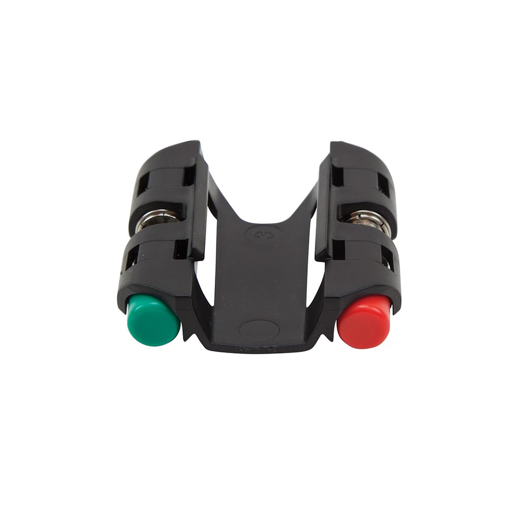 A detailed view of the removable black snap-on remote holder. The empty holder illustrates the organized slots for four color-coded remotes, emphasizing the kit's design for rapid identification and mapping of multiple coaxial cable runs.