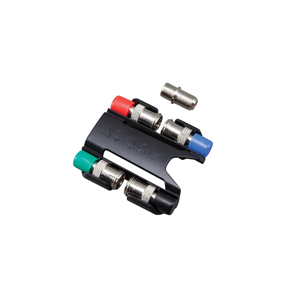 The complete remote kit for the Coax Explorer 2, including the snap-on holder, four color-coded remotes (red, blue, green, and yellow), and a high-quality female-to-female F-connector adapter for testing unterminated cable lengths.