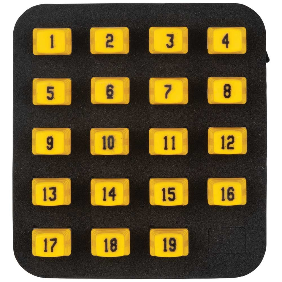 Top-down view of the Klein Tools VDV526055 LanMap Kit featuring 19 yellow RJ45 remote identifiers. The remotes are neatly organized in a black foam holder and clearly numbered 1 through 19 for rapid identification of twisted-pair network cable locations.