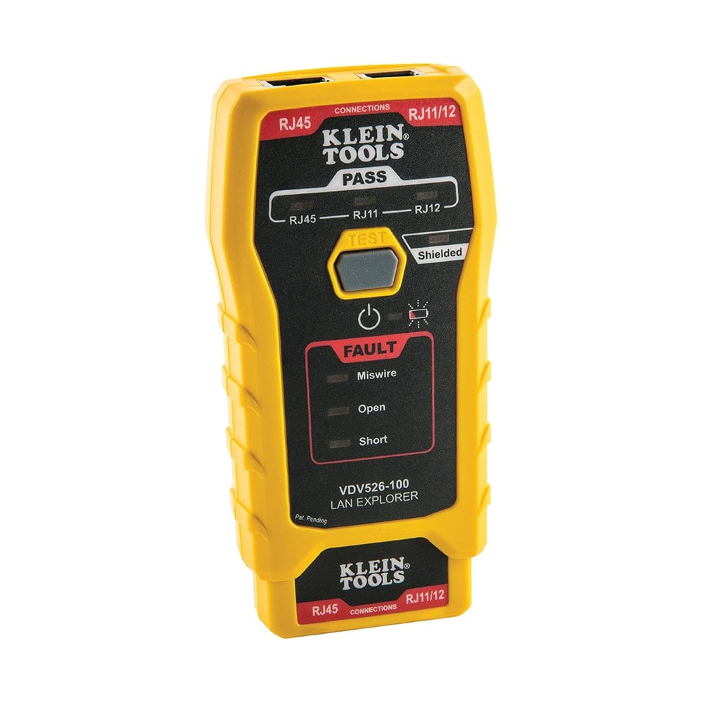 Front perspective view of the yellow and black Klein Tools LAN Explorer data cable tester with the self-storing remote attached to the base.