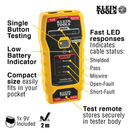Product informational graphic for the LAN Explorer highlighting features such as single-button testing, a low battery indicator, compact pocket size, and fast LED responses for cable status including shielded, pass, miswire, open-fault, and short-fault.