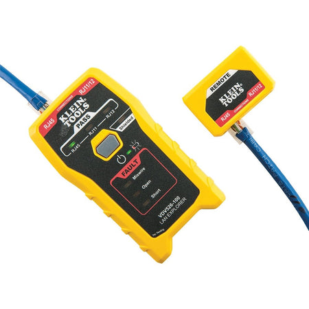 Close-up of the LAN Explorer tester and detached remote connected by a blue patch cable, showing active green LEDs for Pass and RJ45 connection status.