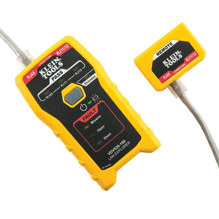 Close-up of the tester unit and remote connected by a grey cable, with the red Miswire LED illuminated to indicate a wiring fault.