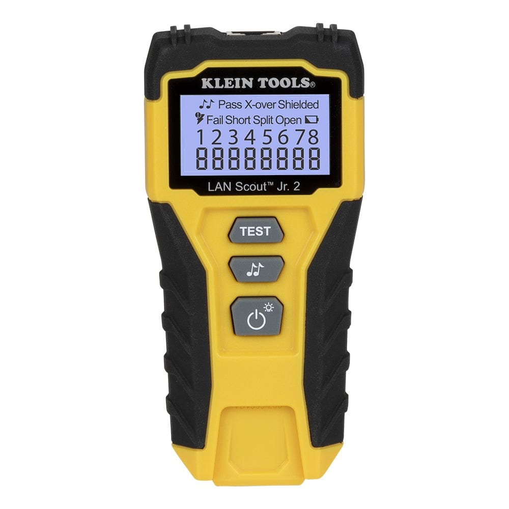 Front perspective view of the yellow and black Klein Tools LAN Scout Jr. 2 cable tester showcasing its backlit LCD with a clear pin-to-pin wiremap and Pass status indicator.